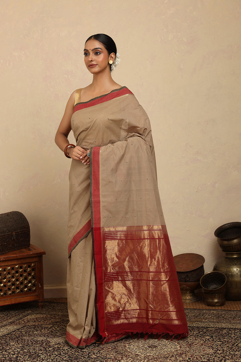 Handloom Biscuit Brown Kanchi Cotton Saree