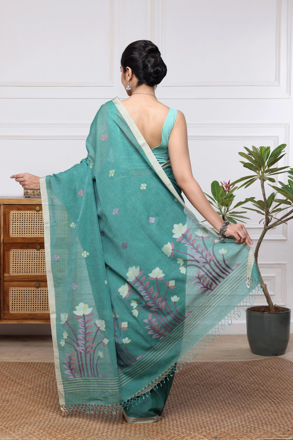 Handloom Sea Green Soft Cotton Jamdani