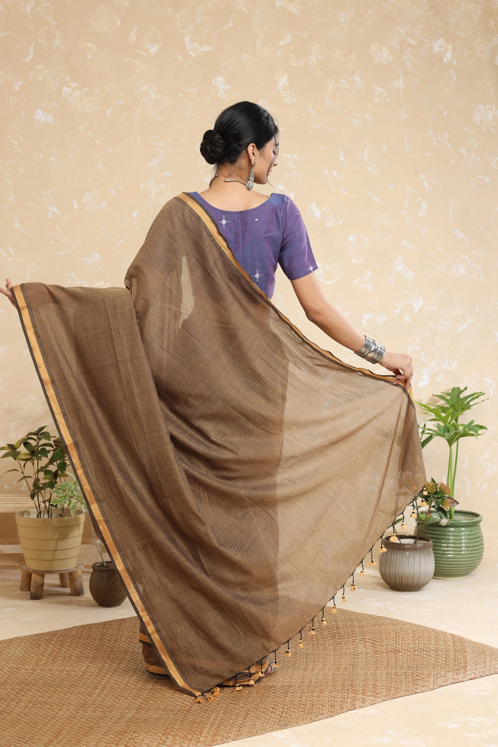 Handloom Brown With Gold Zari Border Mulmul Saree