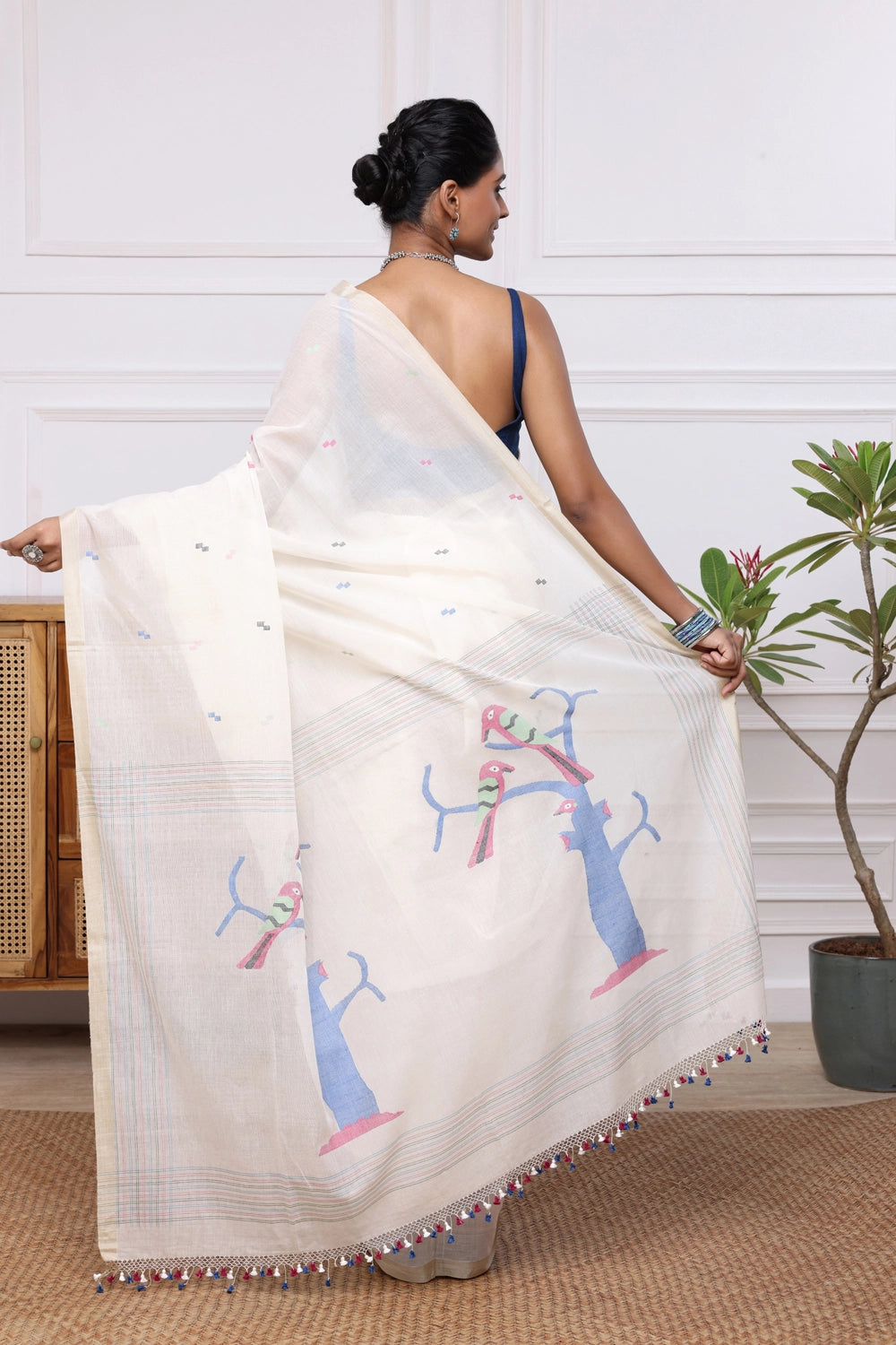 Handloom Off White Soft Cotton Jamdani with Bird Motifs