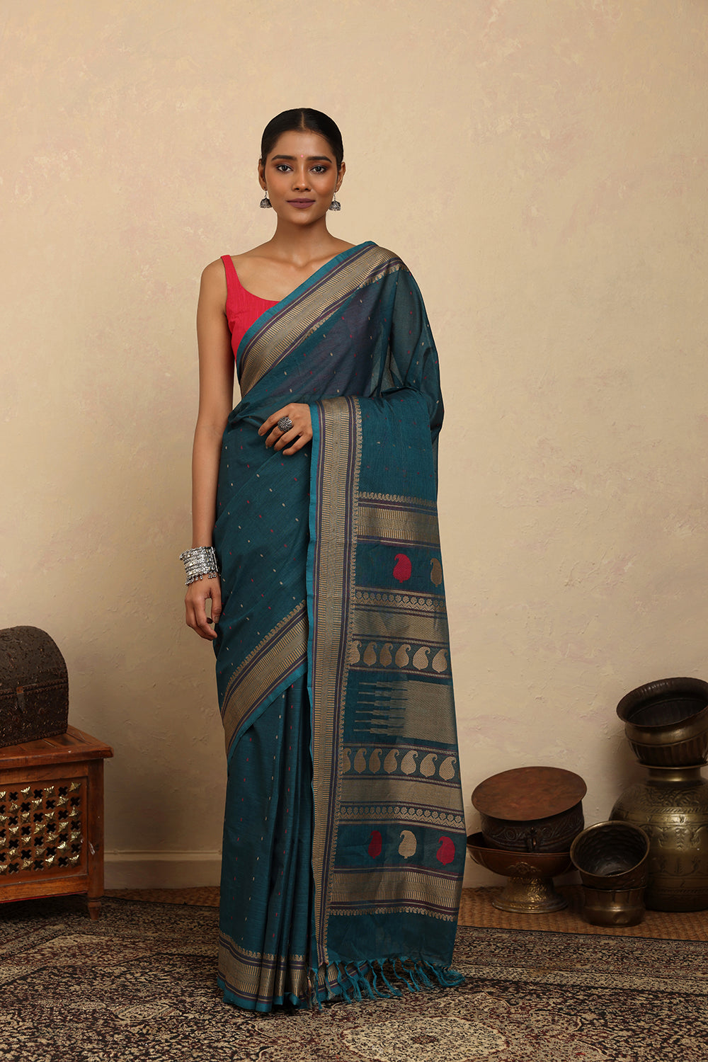 Handloom Pine Green Kanchi Cotton Saree