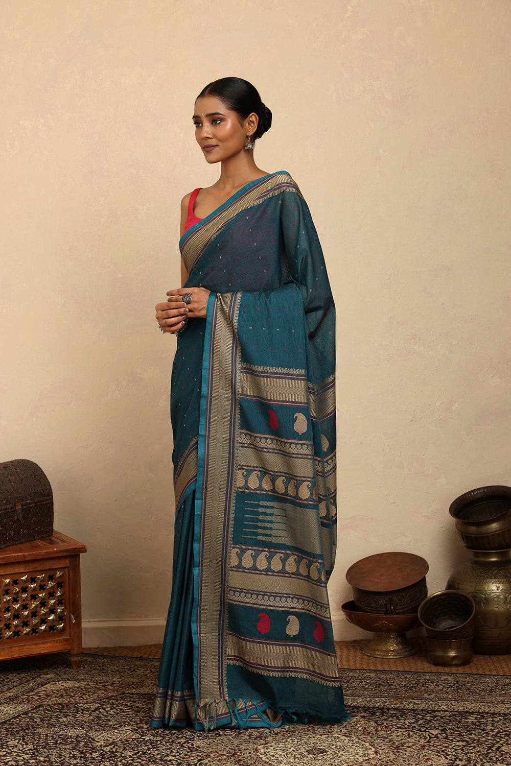 Handloom Pine Green Kanchi Cotton Saree