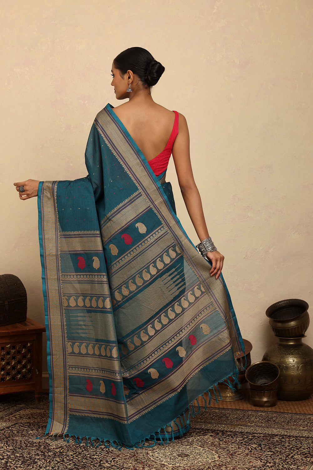 Handloom Pine Green Kanchi Cotton Saree