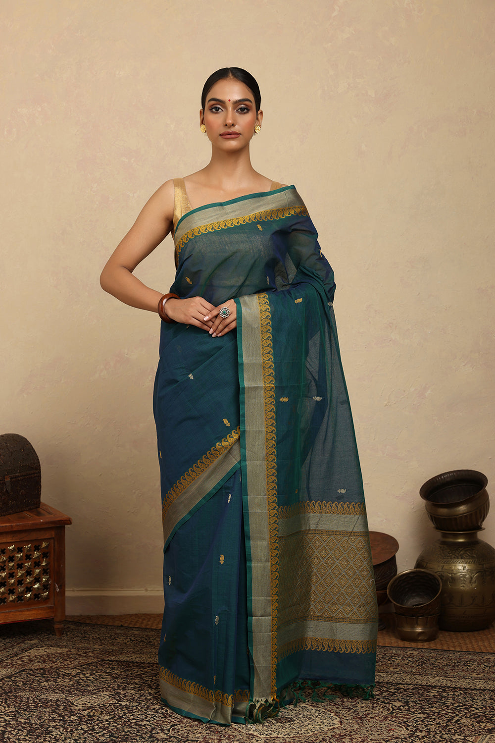 Handloom Blue Green Kanchi Cotton Saree