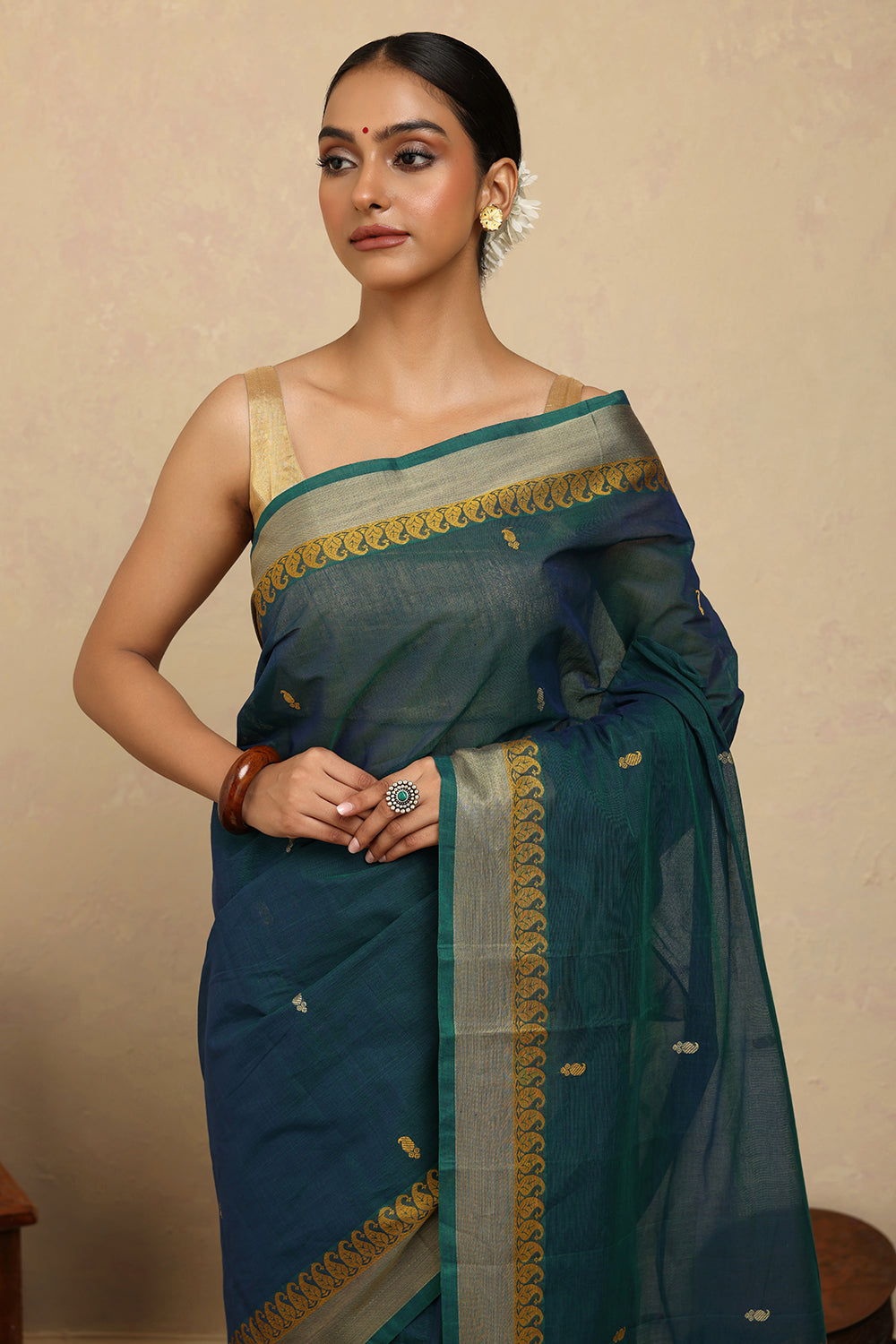 Handloom Blue Green Kanchi Cotton Saree