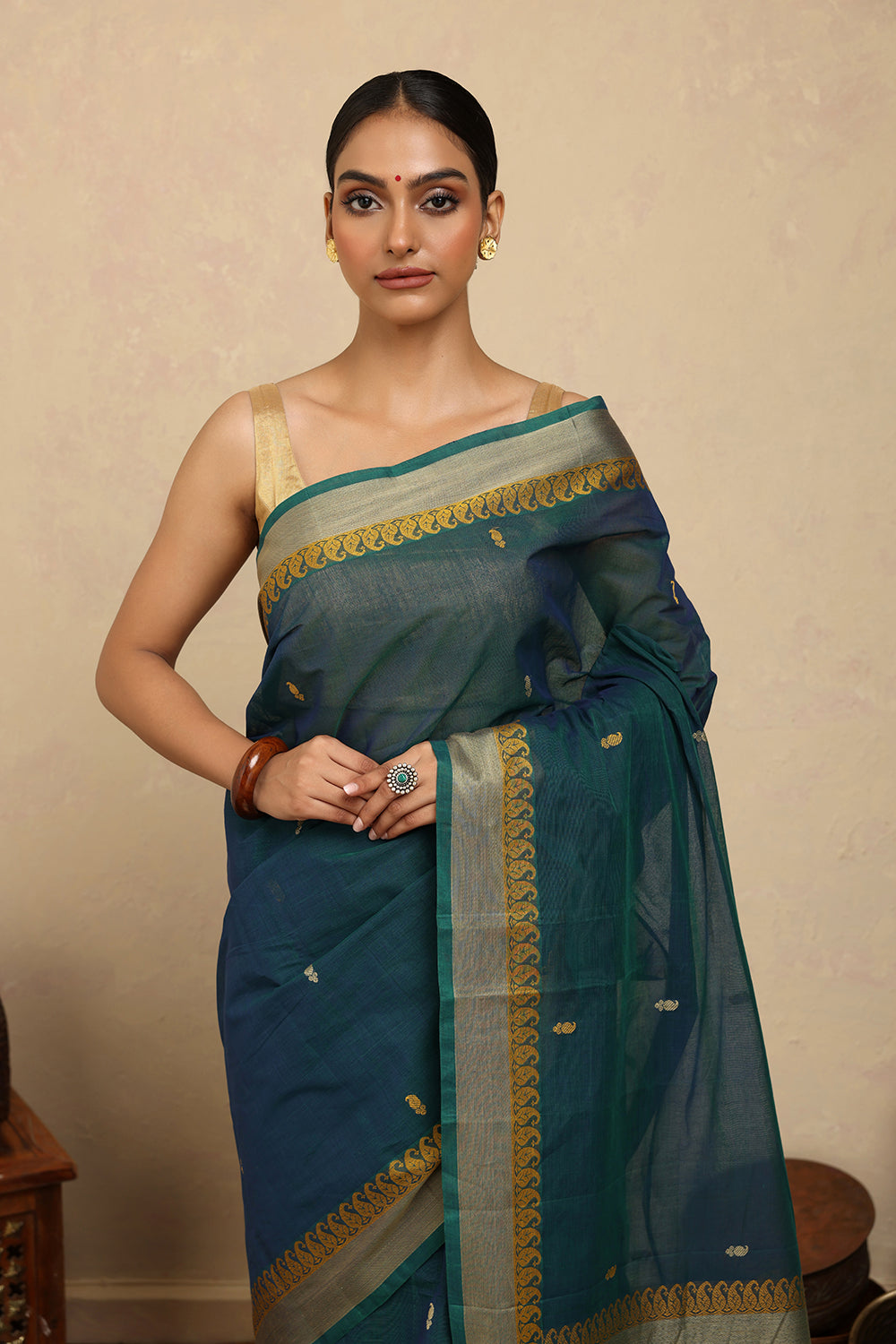 Handloom Blue Green Kanchi Cotton Saree