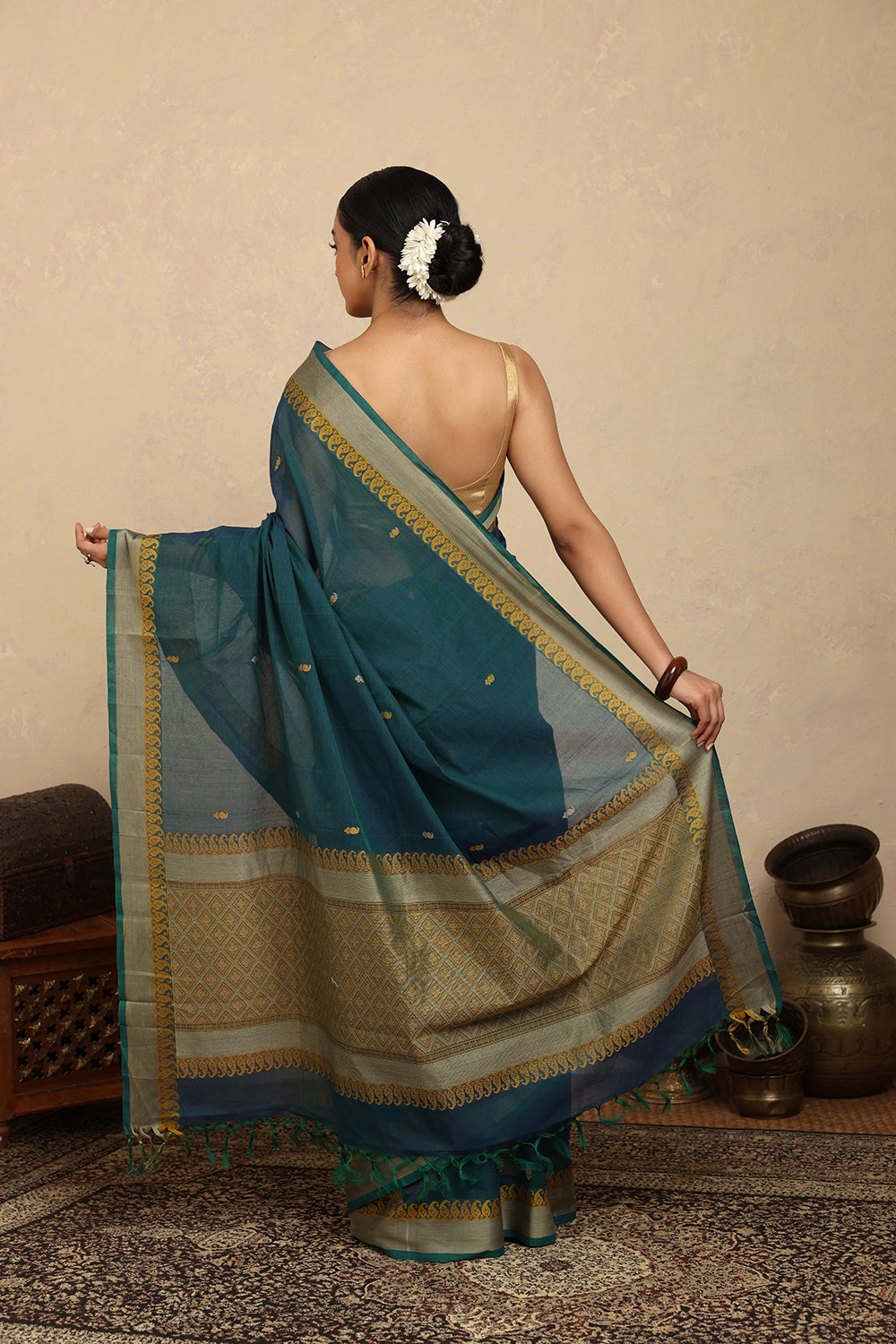 Handloom Blue Green Kanchi Cotton Saree