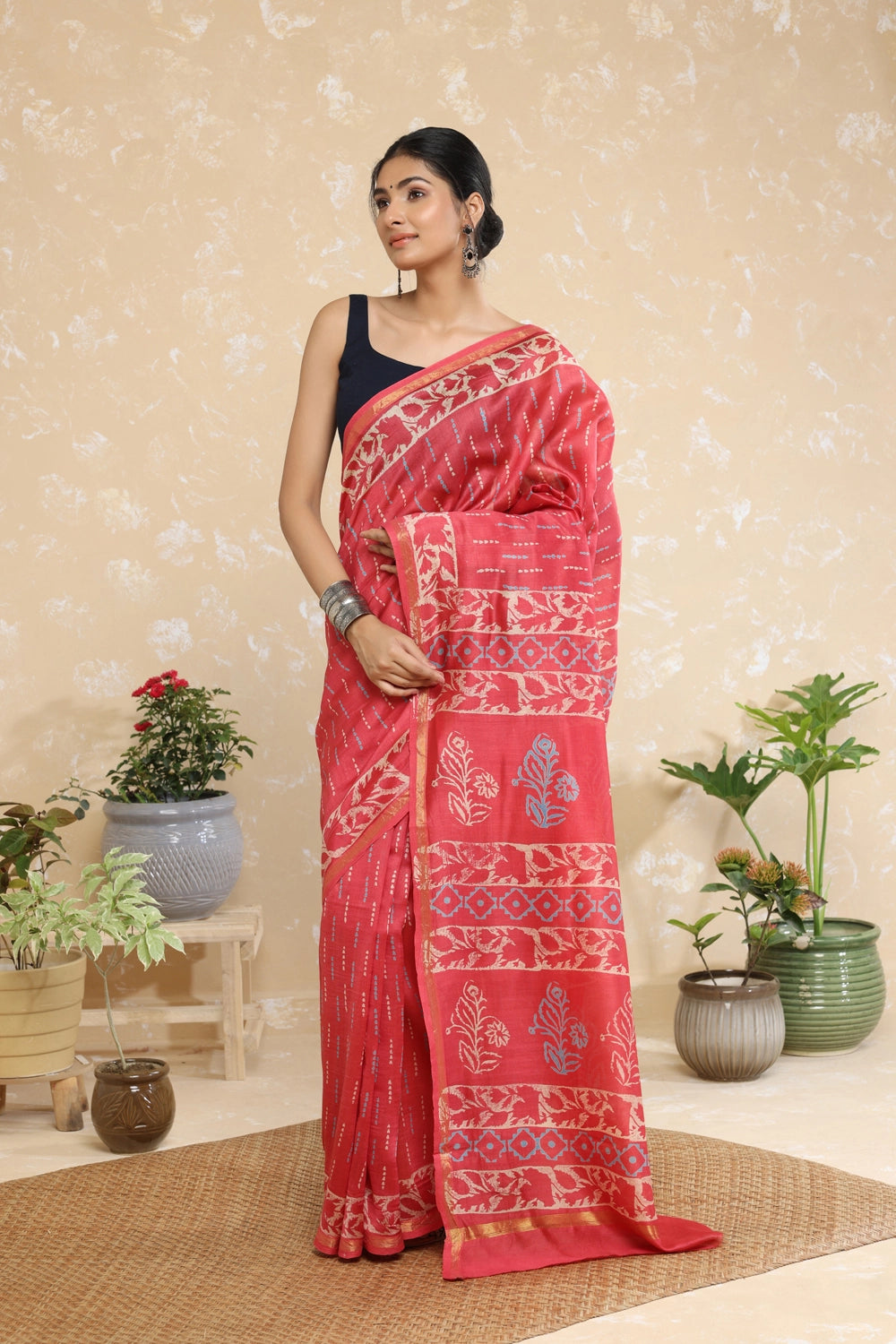 Handloom Blush Pink Block Print Chanderi Cotton Saree