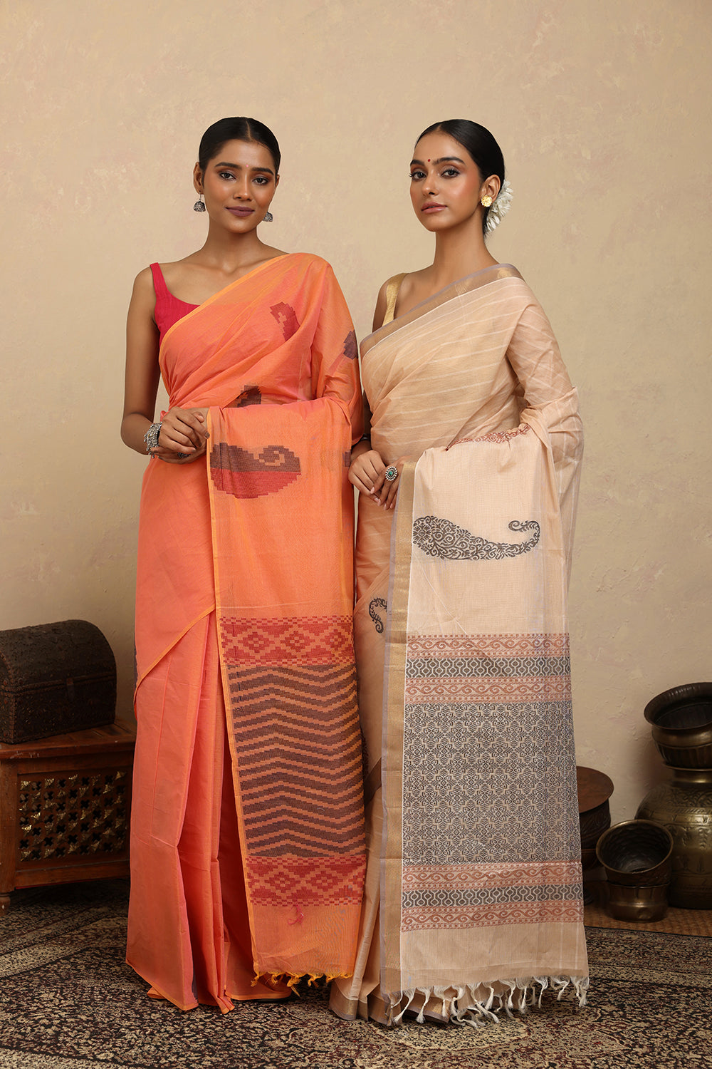 Handloom Orange Paisley Kanchi Cotton Saree