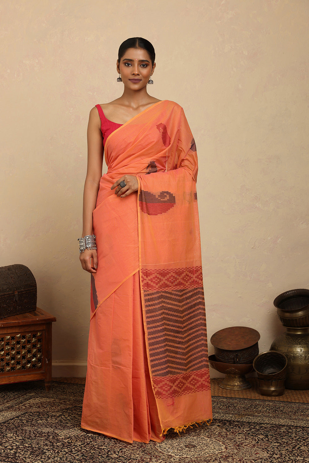 Handloom Orange Paisley Kanchi Cotton Saree
