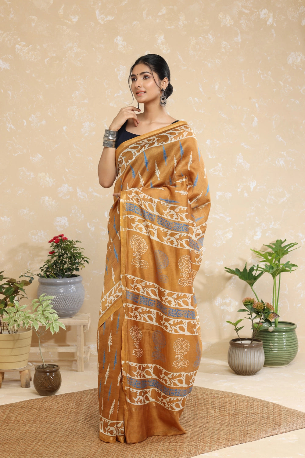 Handloom Honey Yellow Block Print Chanderi Cotton Saree