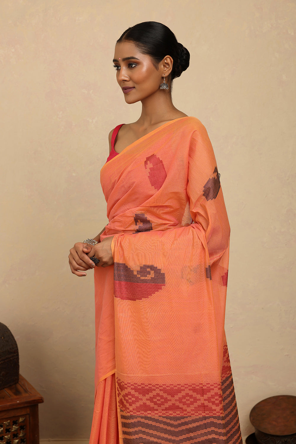 Handloom Orange Paisley Kanchi Cotton Saree