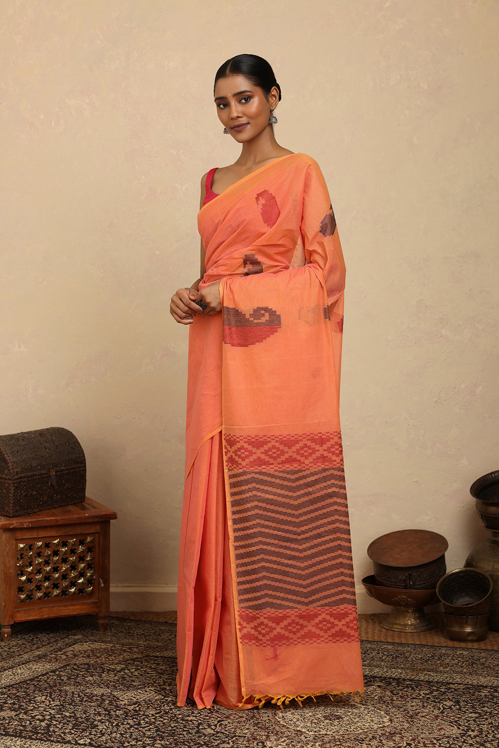 Handloom Orange Paisley Kanchi Cotton Saree