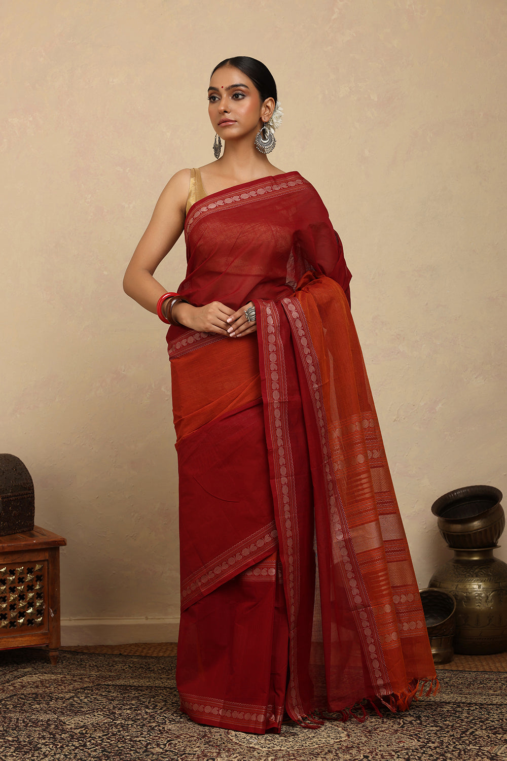 Handloom Maroon Red Kanchi Cotton Saree