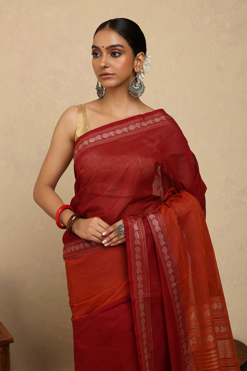 Handloom Maroon Red Kanchi Cotton Saree