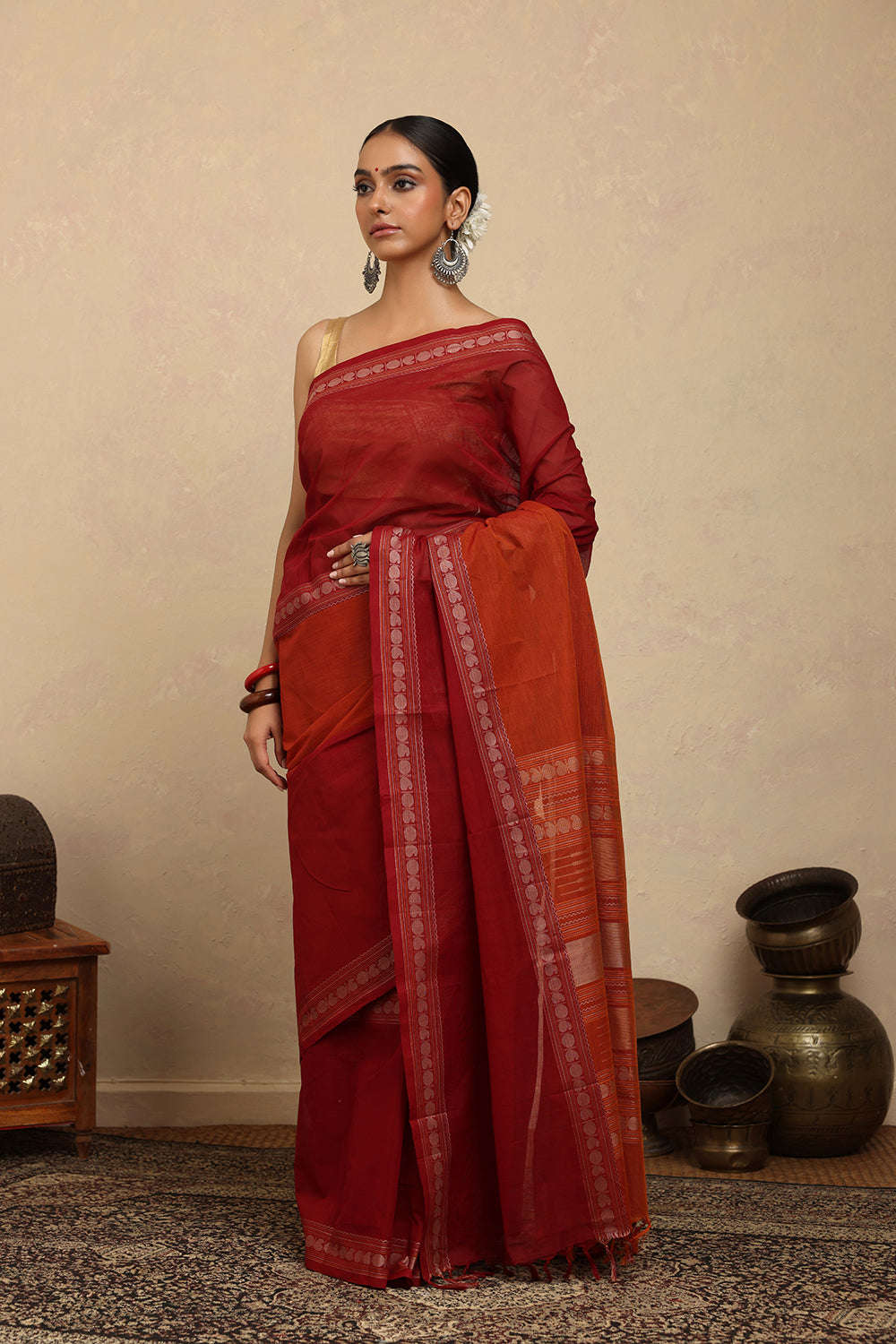 Handloom Maroon Red Kanchi Cotton Saree