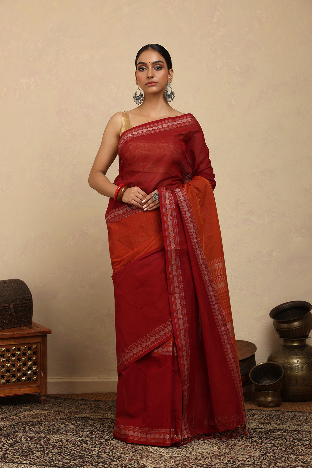 Handloom Maroon Red Kanchi Cotton Saree
