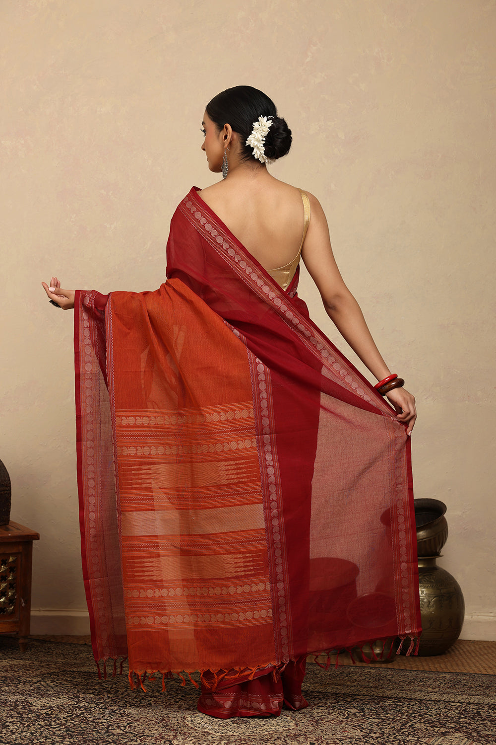 Handloom Maroon Red Kanchi Cotton Saree
