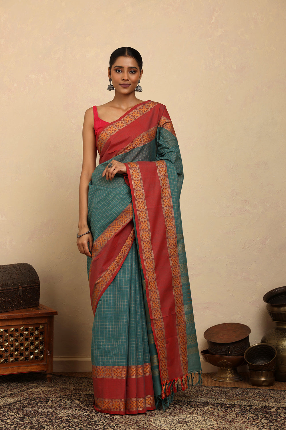 Handloom Emerald Green Checks Kanchi Cotton Saree