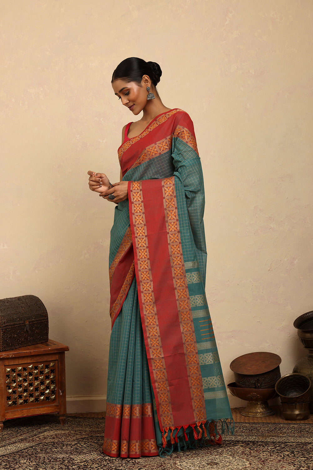 Handloom Emerald Green Checks Kanchi Cotton Saree