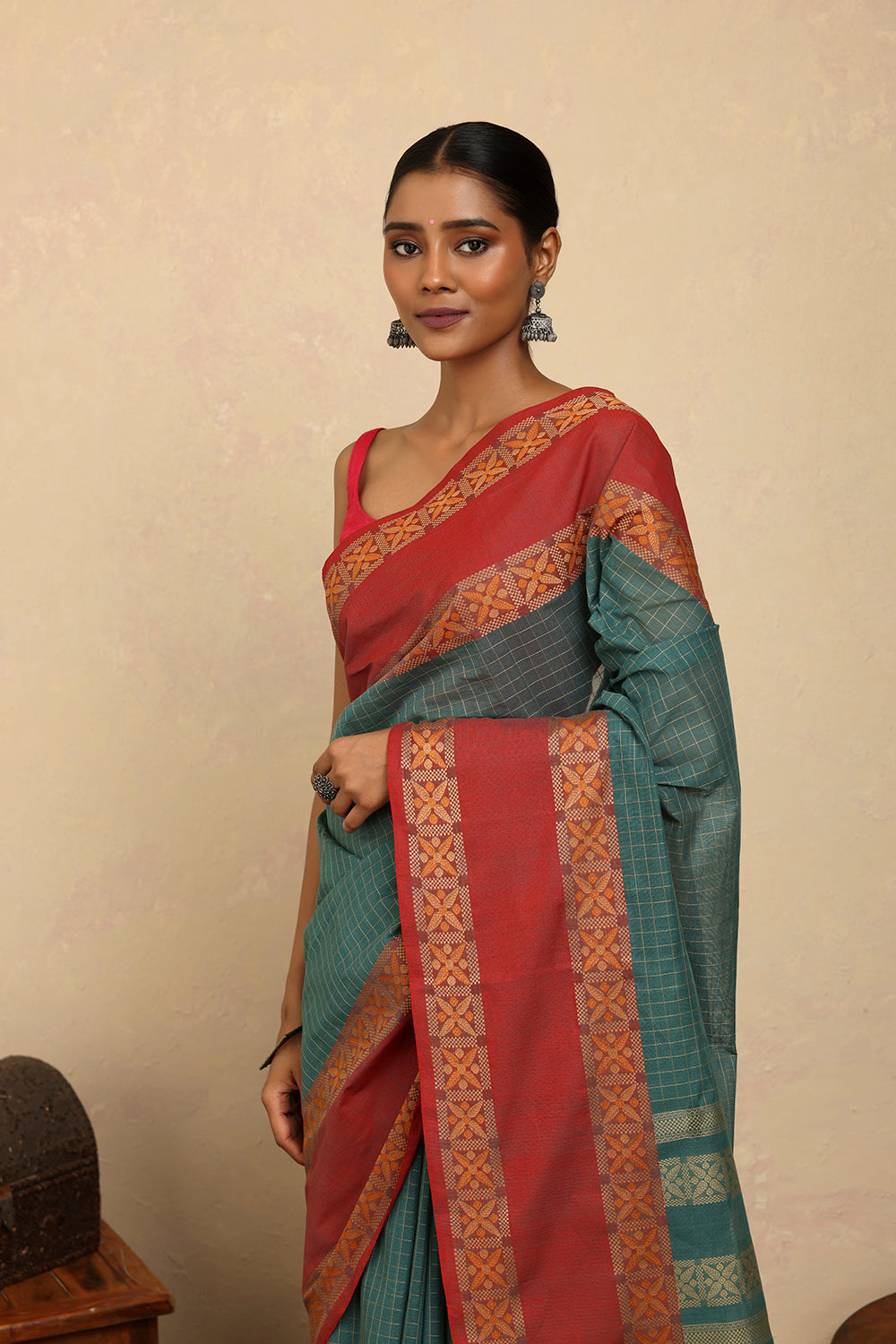 Handloom Emerald Green Checks Kanchi Cotton Saree