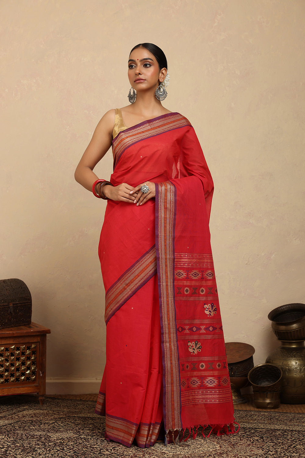 Handloom Crimson Red Kanchi Cotton Saree