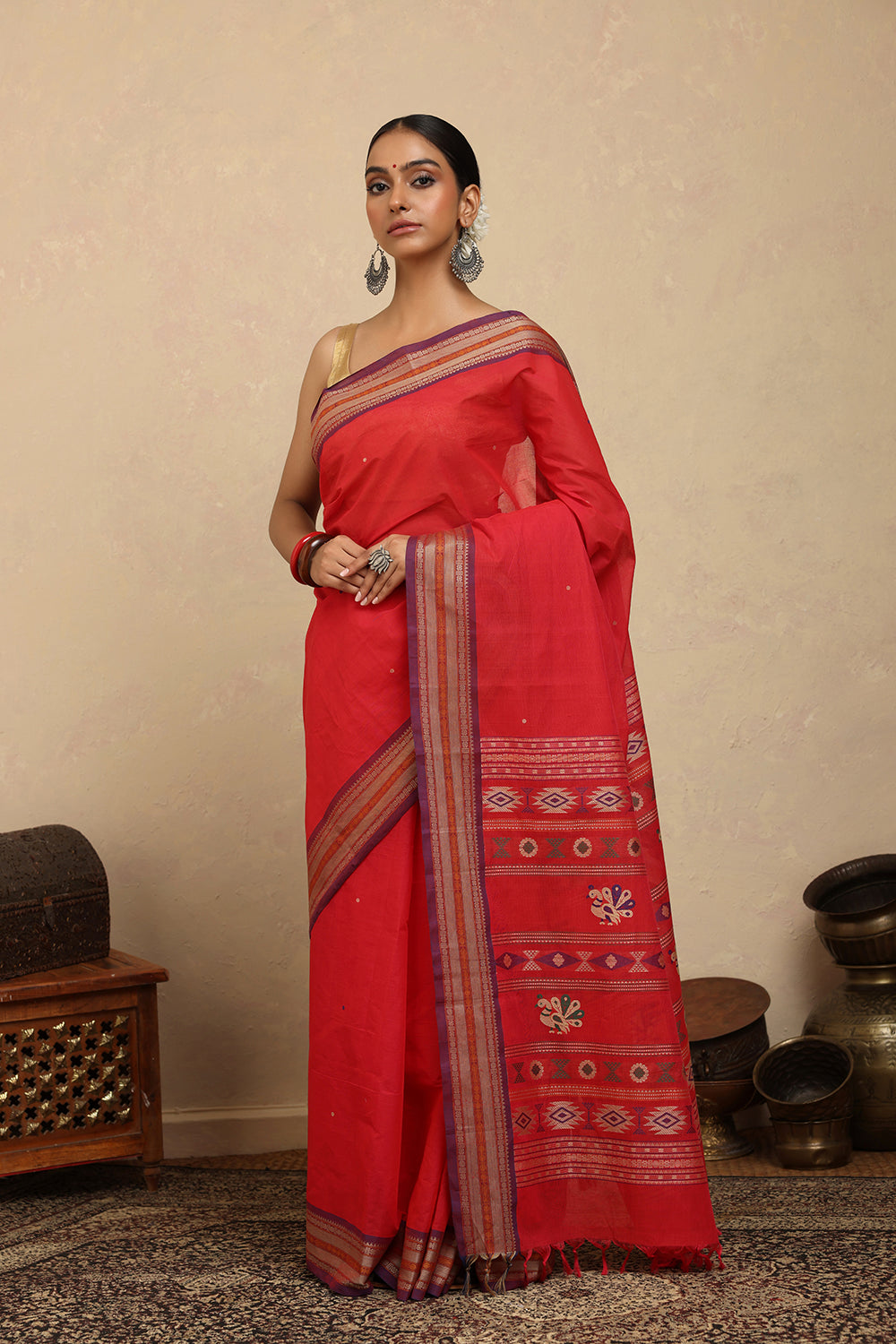 Handloom Crimson Red Kanchi Cotton Saree