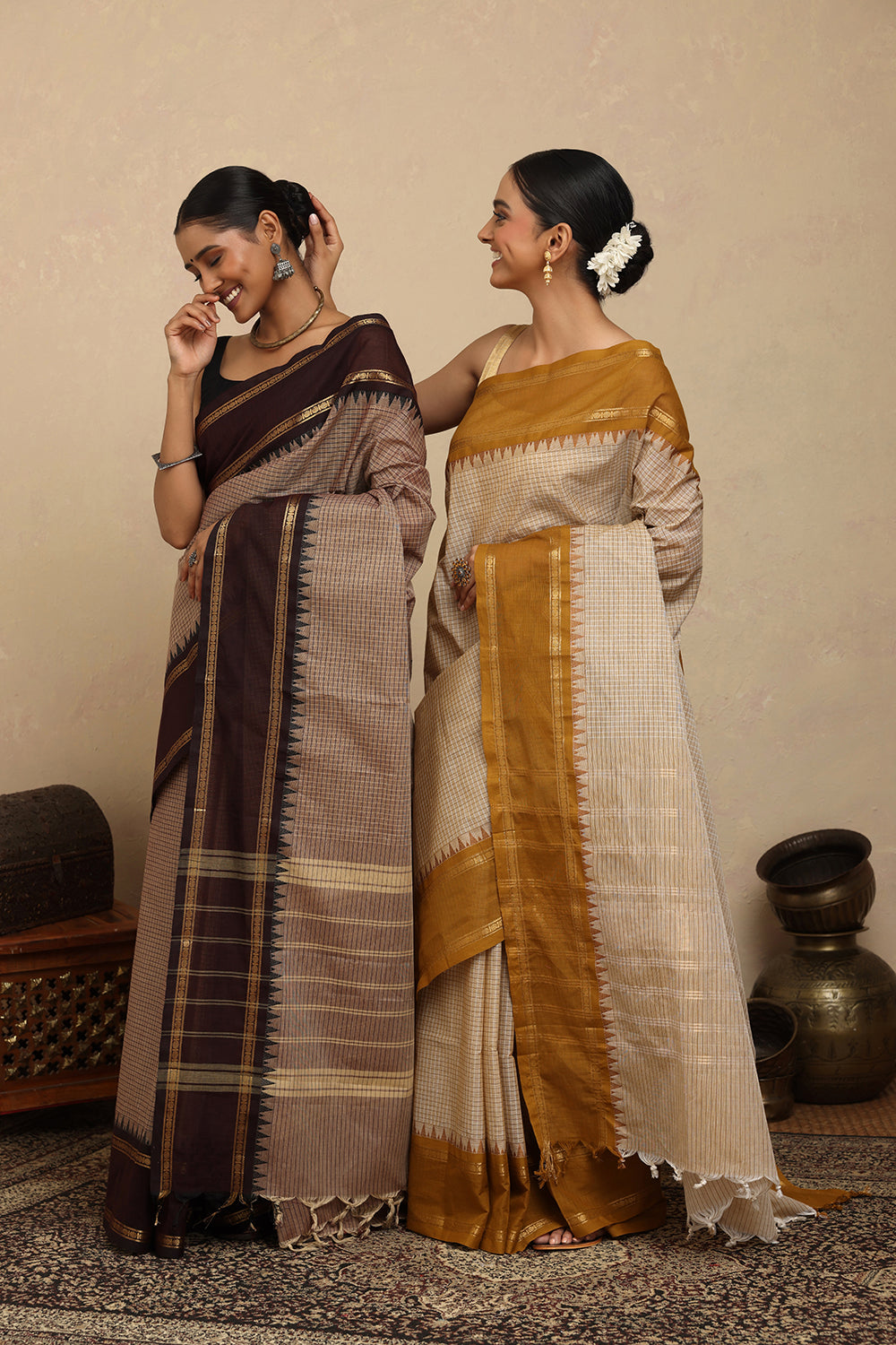 Handloom Brown Checks Kanchi Cotton Saree with Brown Border
