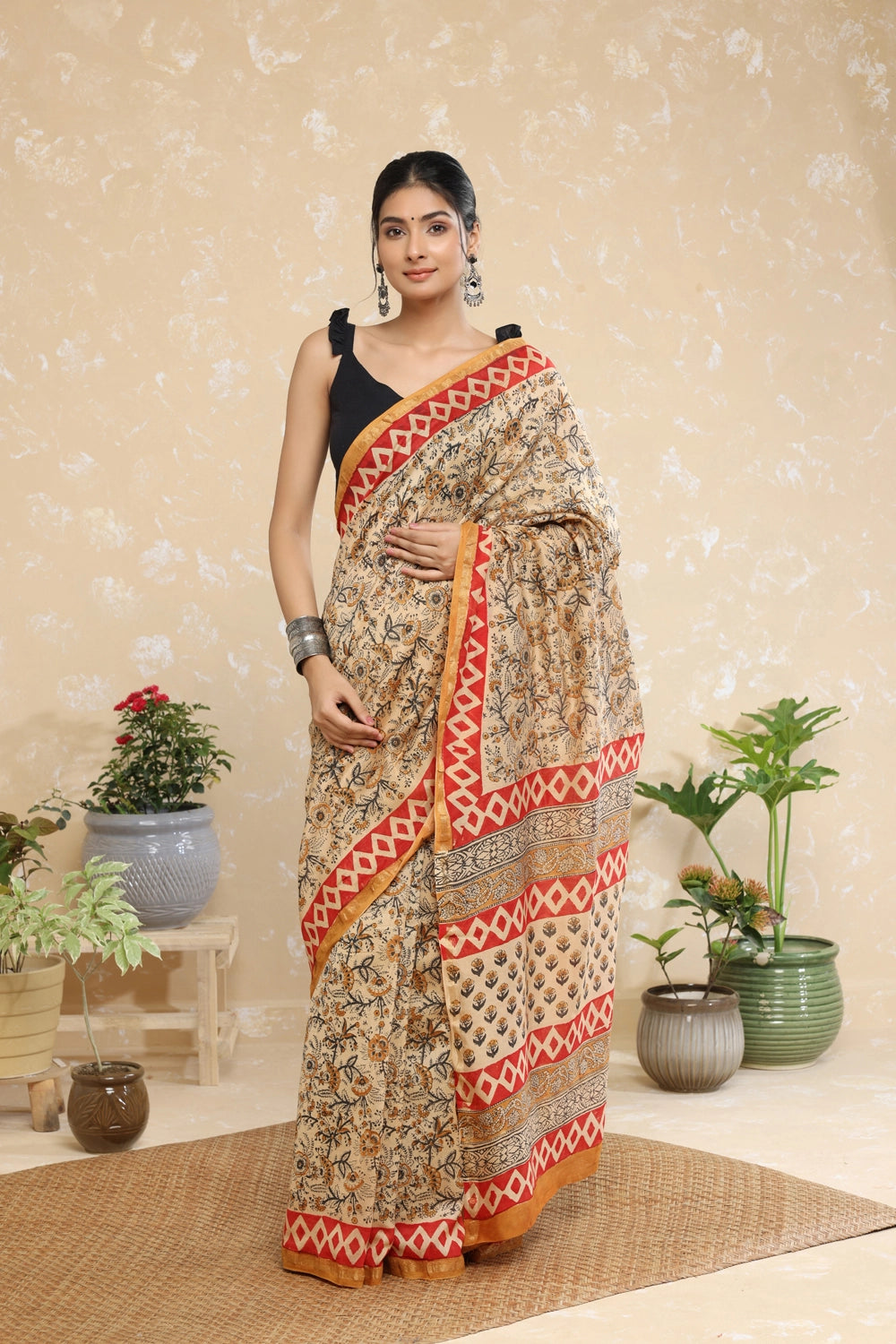 Handloom Almond Brown Block Print Chanderi Cotton Saree