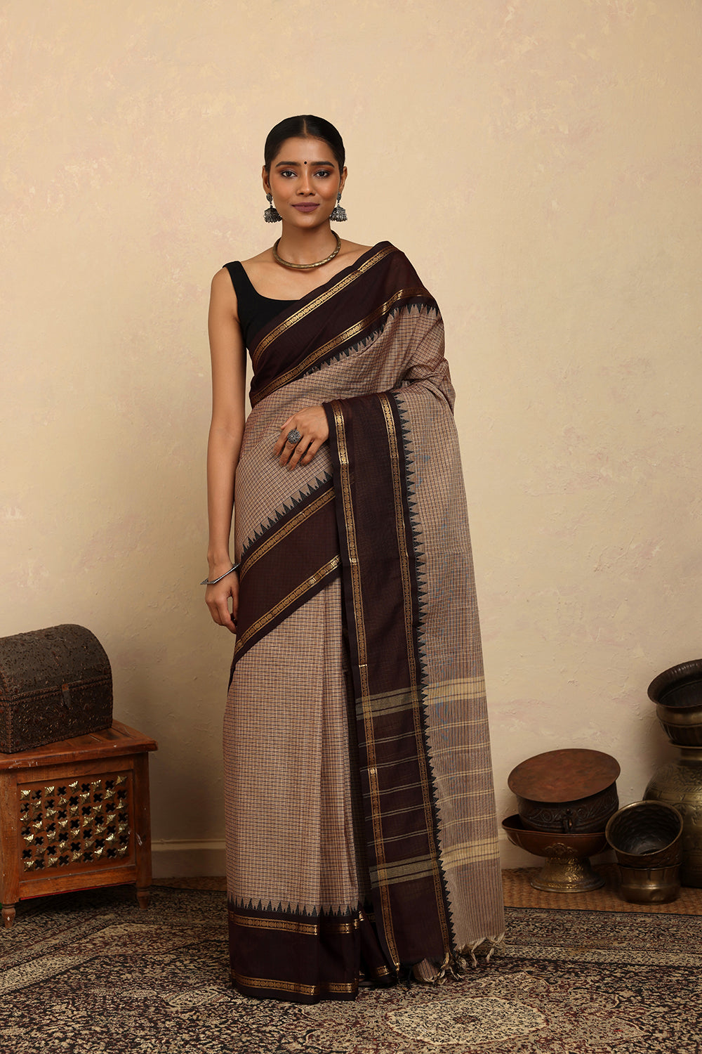 Handloom Brown Checks Kanchi Cotton Saree with Brown Border