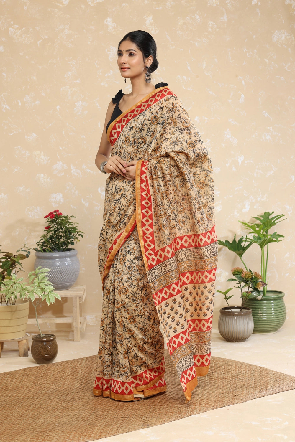 Handloom Almond Brown Block Print Chanderi Cotton Saree