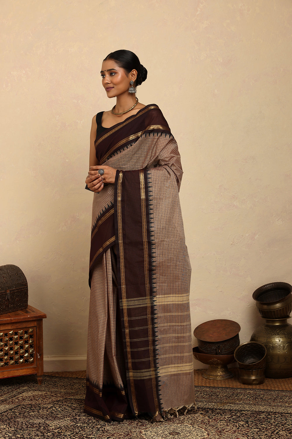 Handloom Brown Checks Kanchi Cotton Saree with Brown Border