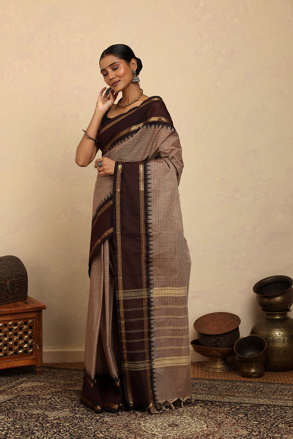 Handloom Brown Checks Kanchi Cotton Saree with Brown Border