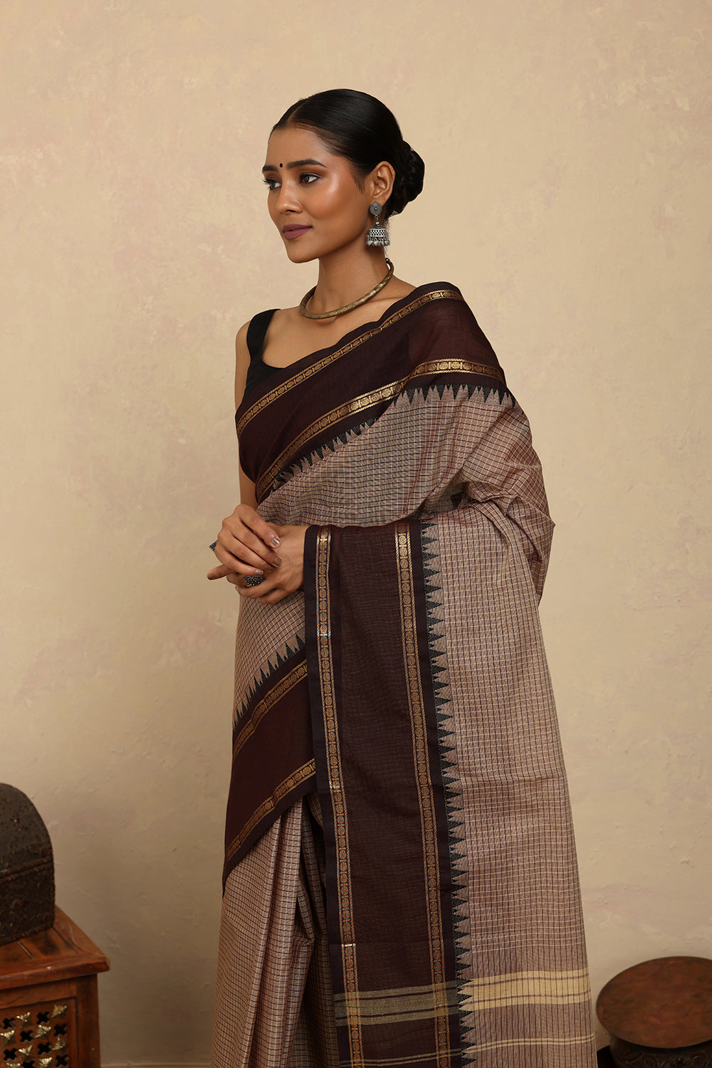 Handloom Brown Checks Kanchi Cotton Saree with Brown Border