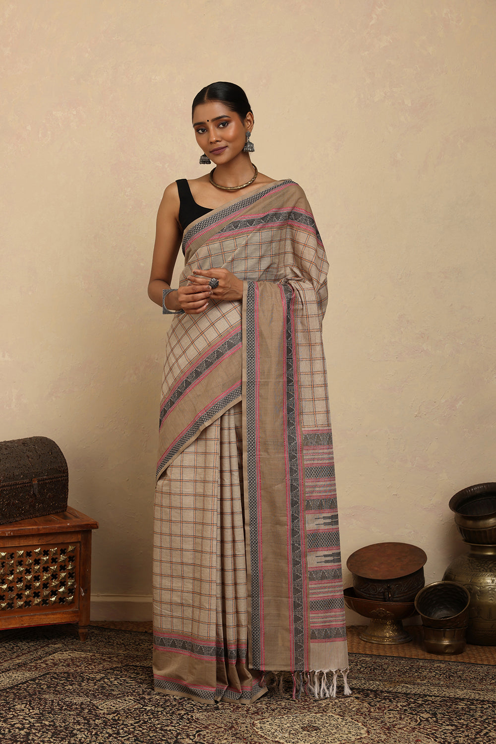 Handloom Beige Checks Kanchi Cotton Saree With Border