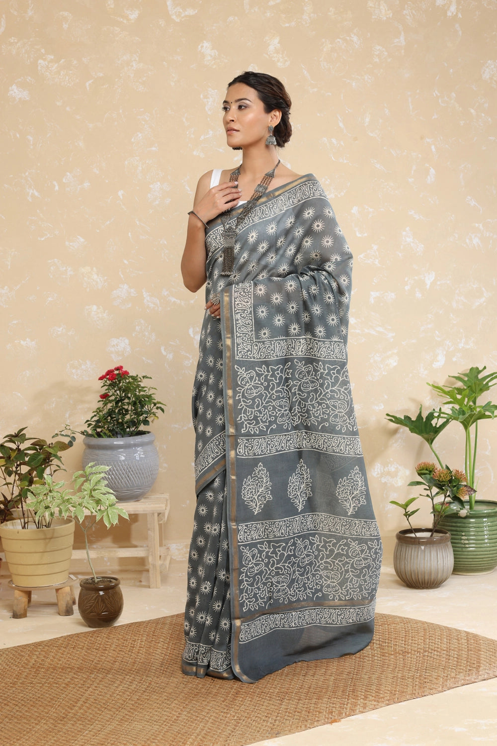 Handloom Charcoal Grey Block Print Chanderi Cotton Saree