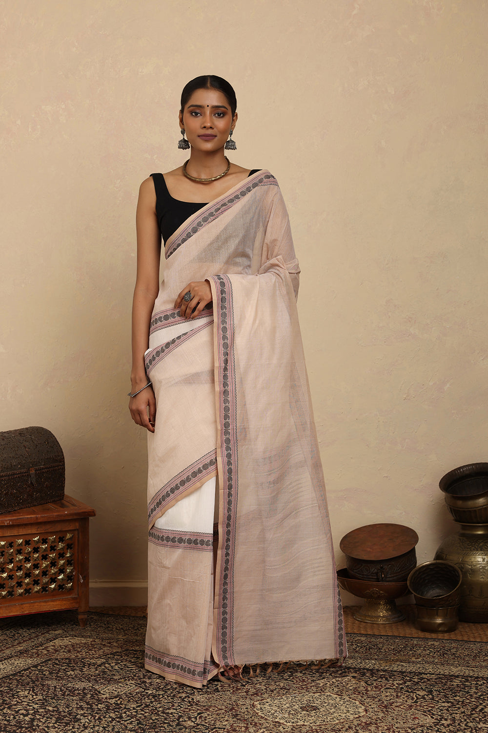Handloom Beige and White Kanchi Cotton Saree