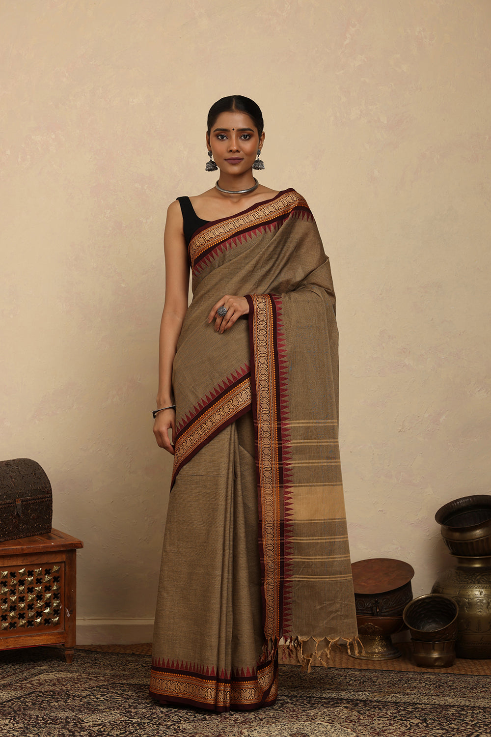 Handloom Light Brown Kanchi Cotton Saree