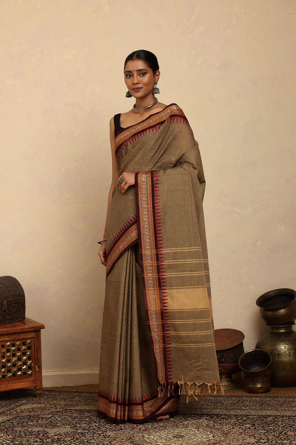 Handloom Light Brown Kanchi Cotton Saree