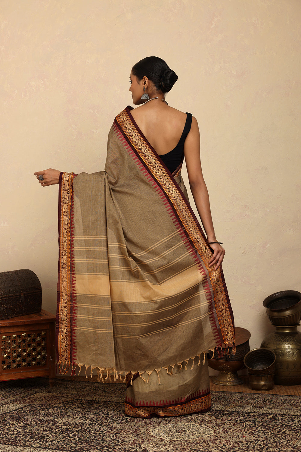 Handloom Light Brown Kanchi Cotton Saree