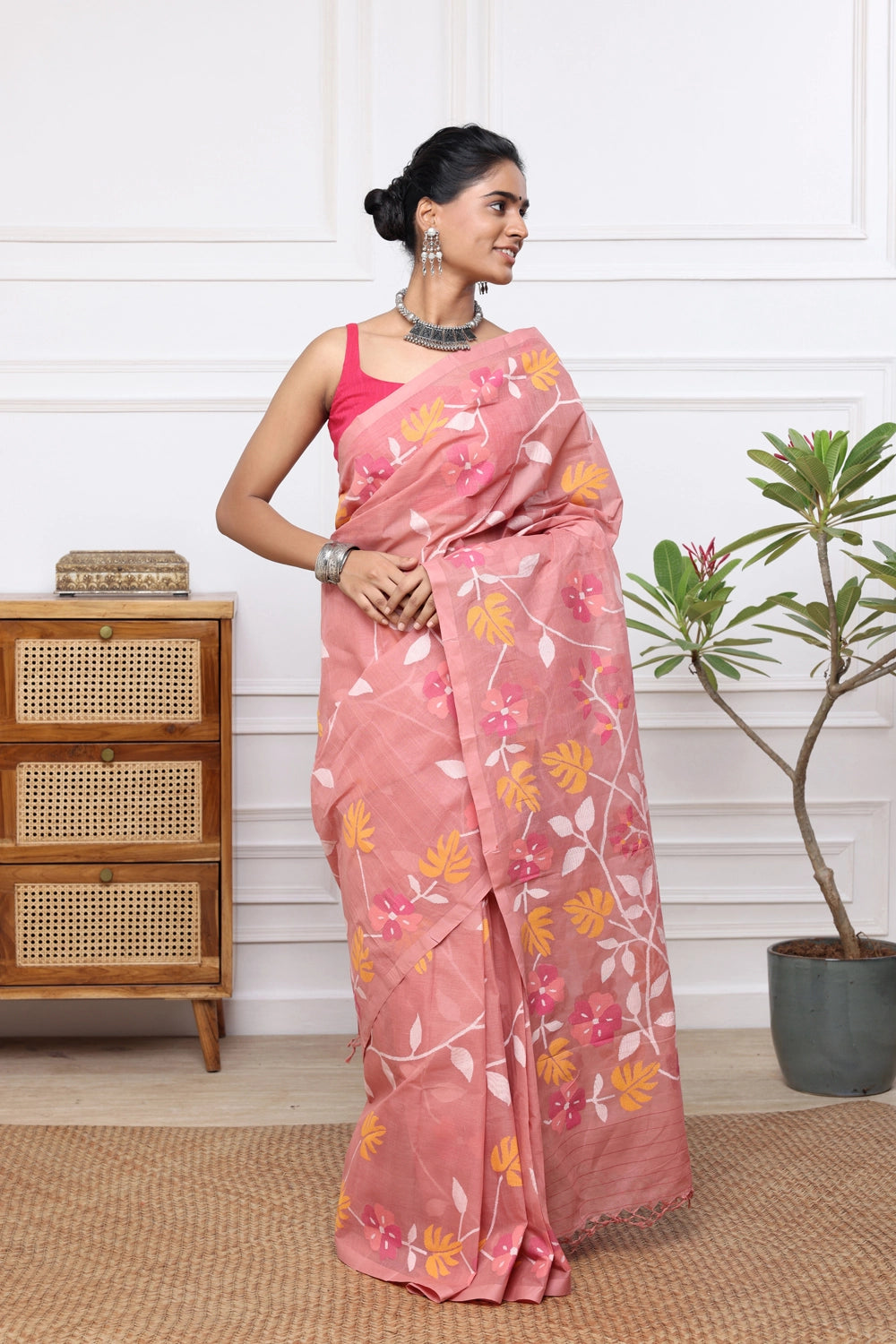 Handloom Coral Pink Pure Cotton Multi Colour Floral Jamdani Saree