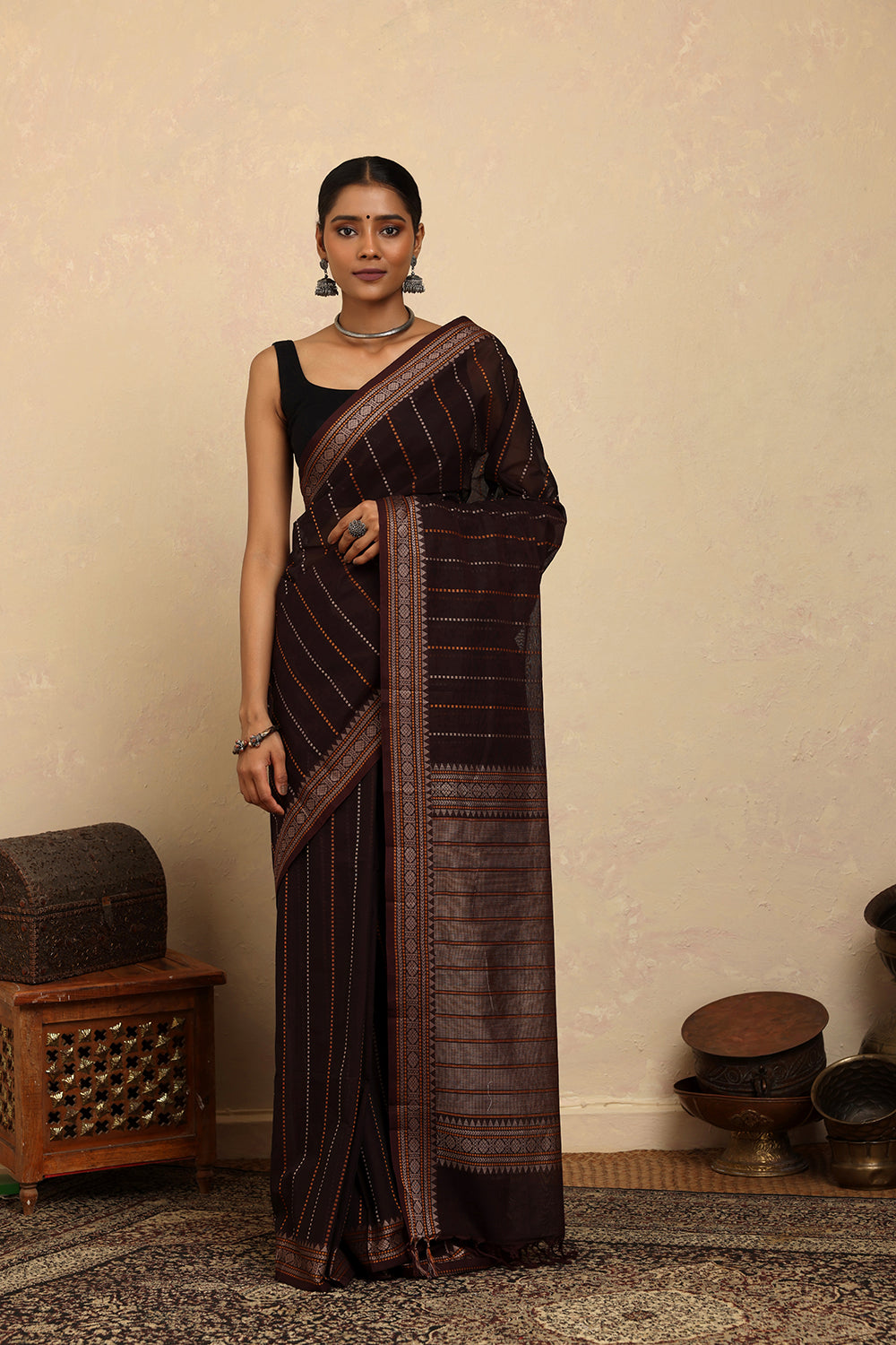 Handloom Chocolate Brown Kanchi Cotton Saree