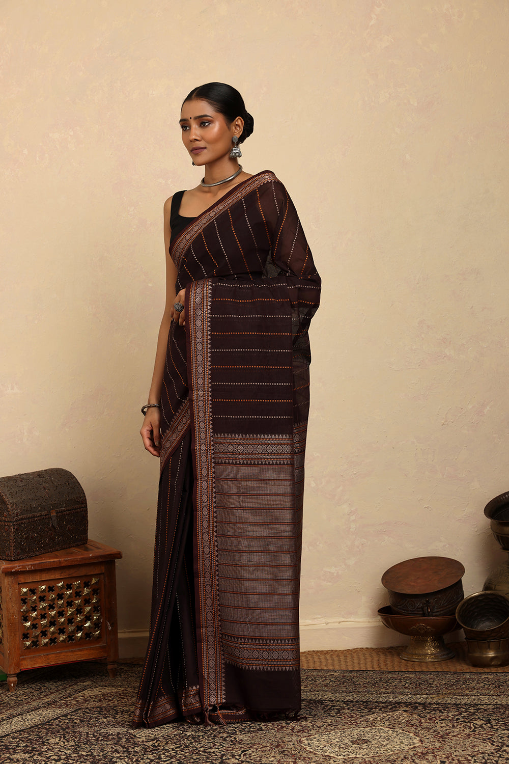Handloom Chocolate Brown Kanchi Cotton Saree