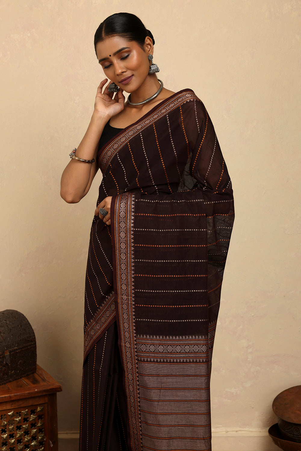 Handloom Chocolate Brown Kanchi Cotton Saree