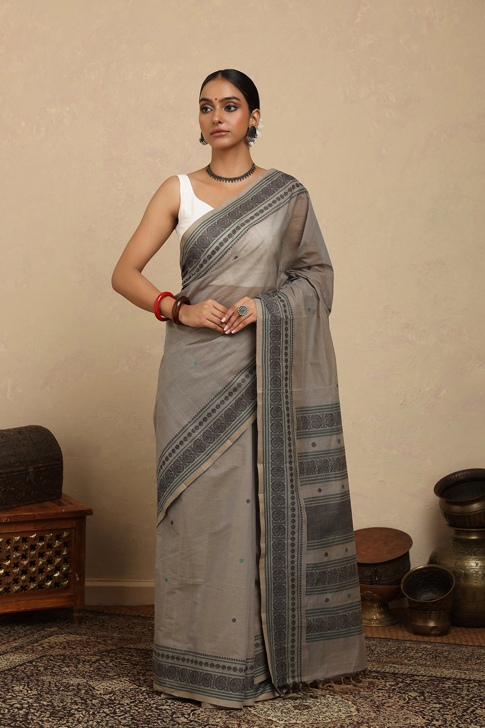 Handloom Ash Grey Kanchi Cotton Saree