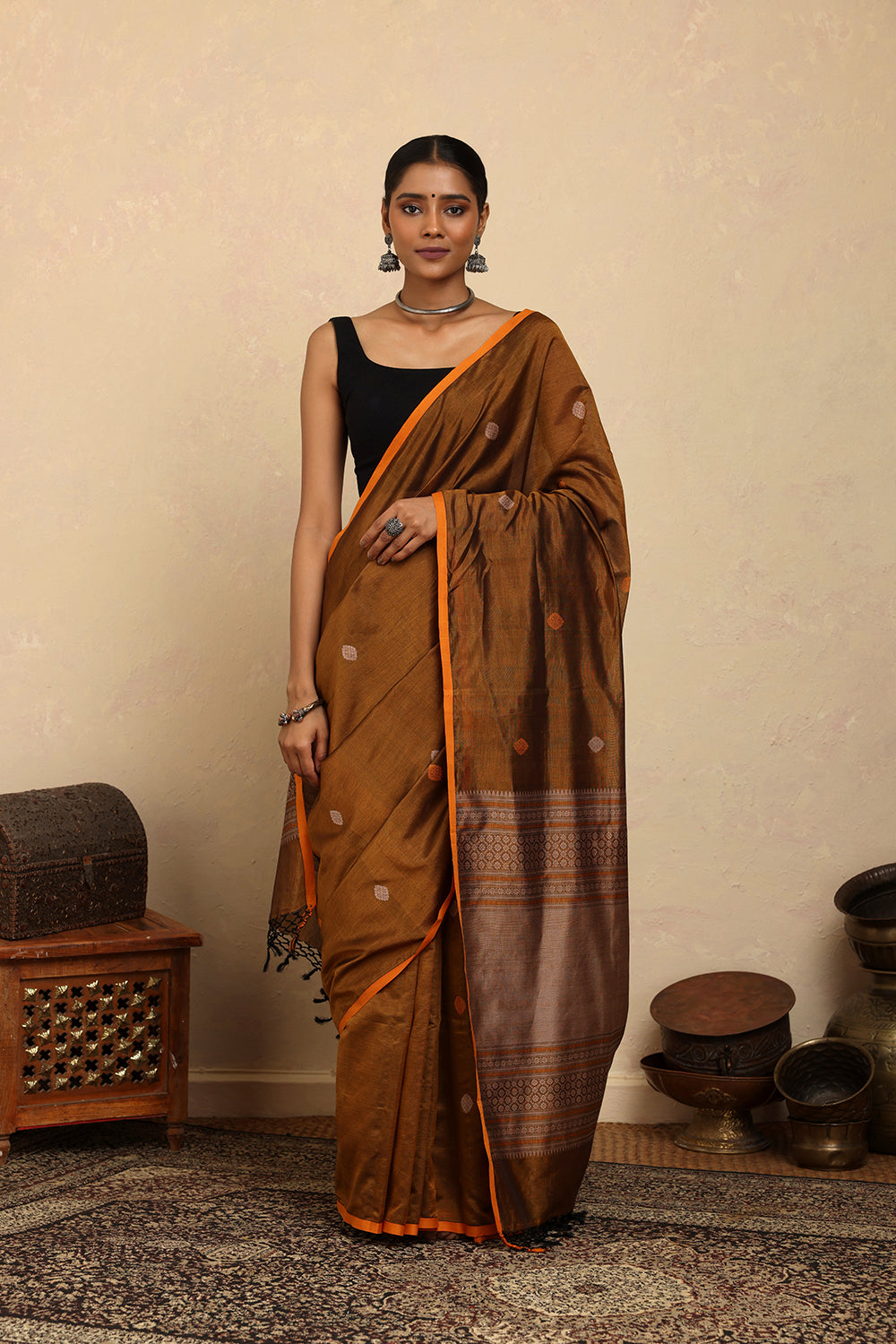 Handloom Mustard Copper Dual Tone Kanchi Cotton Silk Saree