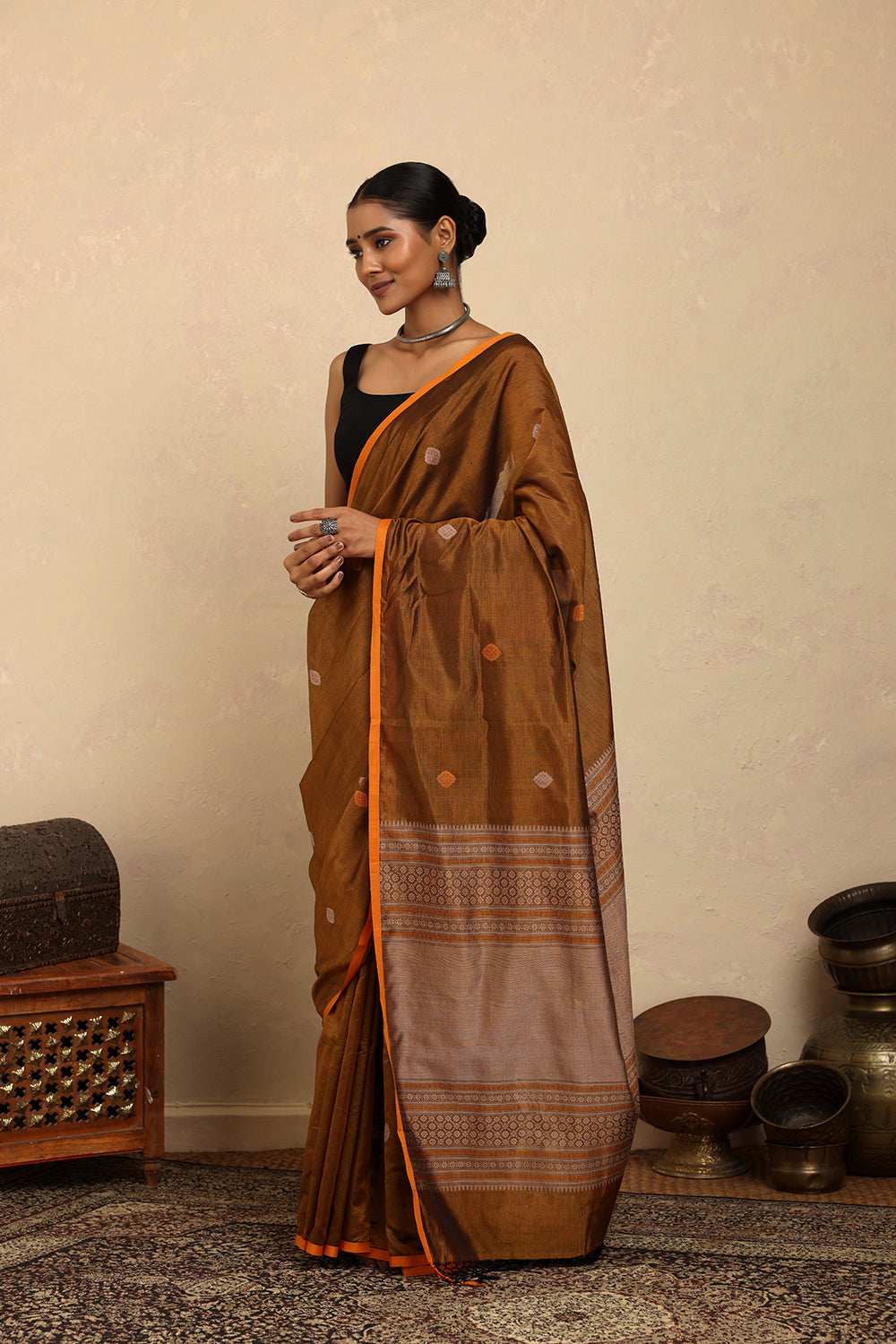 Handloom Mustard Copper Dual Tone Kanchi Cotton Silk Saree