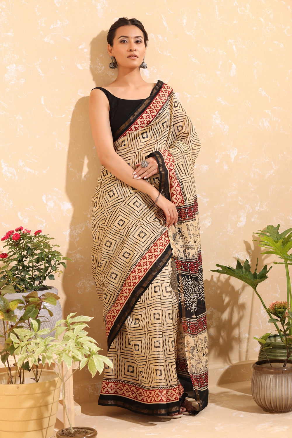 Handloom Tan Brown  Block Print Chanderi Cotton Saree