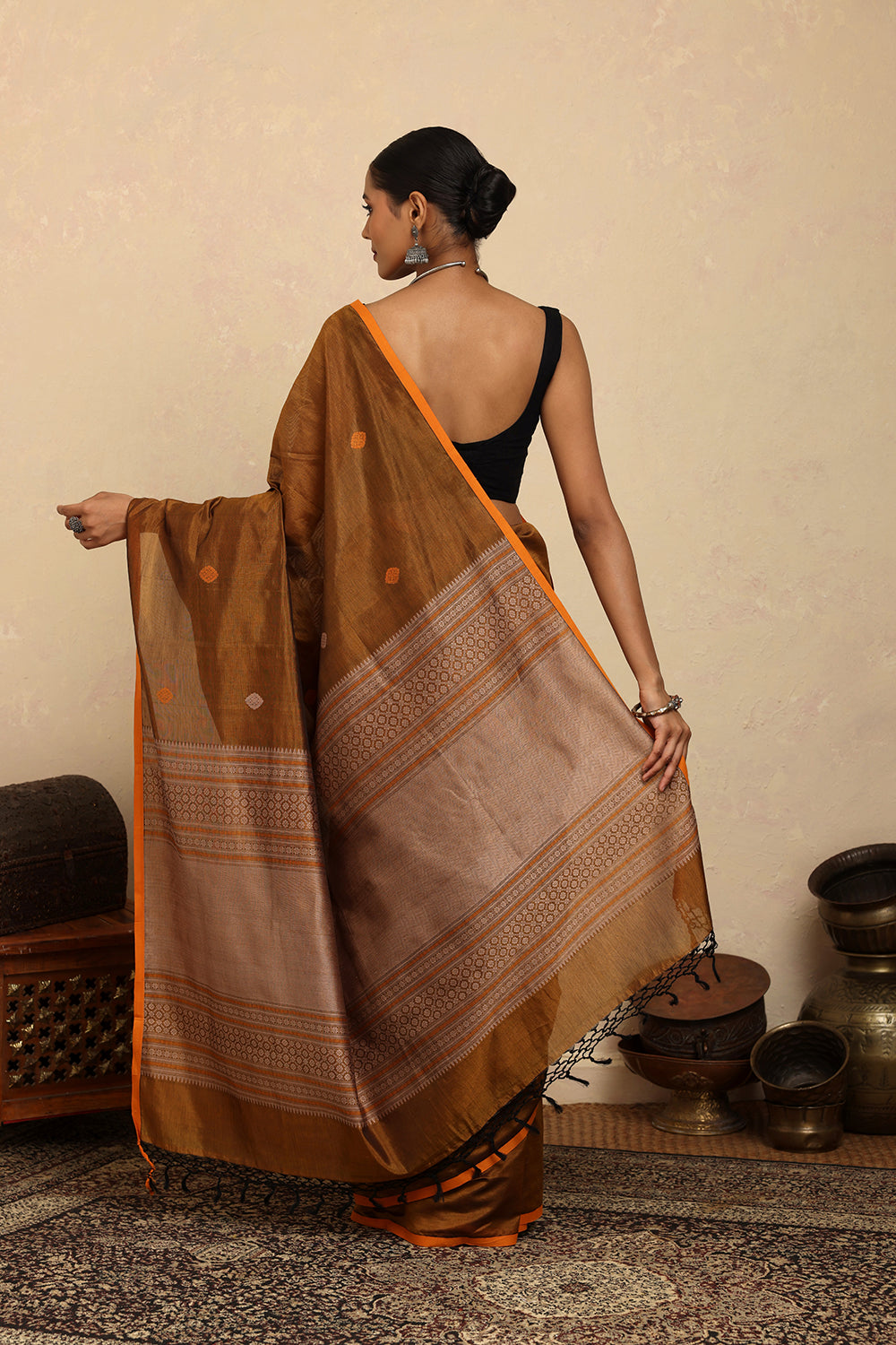 Handloom Mustard Copper Dual Tone Kanchi Cotton Silk Saree