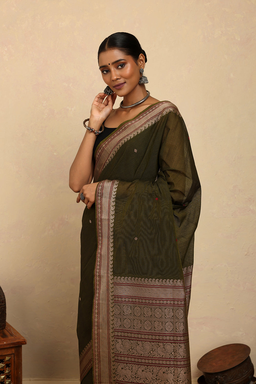 Handloom Olive Green Kanchi Cotton Saree